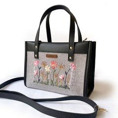 Grey Floral Embroidered Tote Bag with Detachable Shoulder Strap