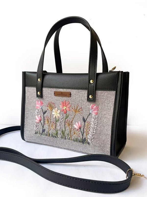 Grey Floral Embroidered Tote Bag with Detachable Shoulder Strap