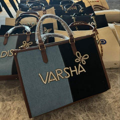 Personalized Denim and Black Tote Bag with Pearl Lettering