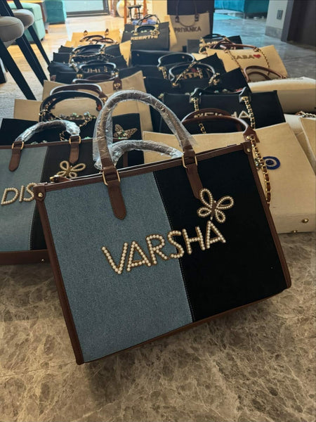 Personalized Denim and Black Tote Bag with Pearl Lettering