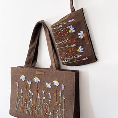 Brown Embroidered Floral Tote Bag with Matching Pouch