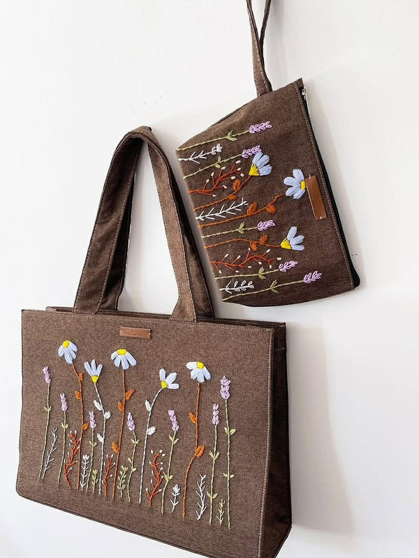 Brown Embroidered Floral Tote Bag with Matching Pouch