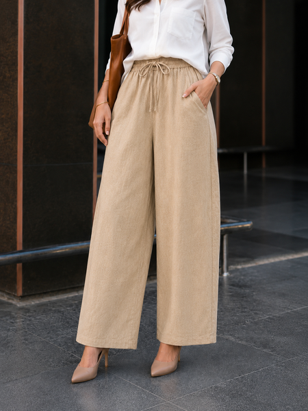 Women's Beige Cotton Blend Wide Leg Palazzo Pants for Women