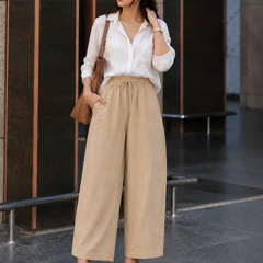 Women's Beige Cotton Blend Wide Leg Palazzo Pants for Women