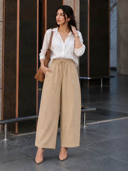 Women's Beige Cotton Blend Wide Leg Palazzo Pants for Women