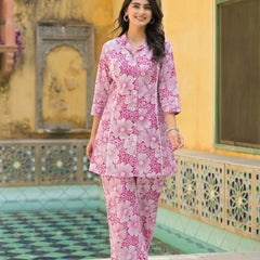 Pink Floral Printed Cotton Blend Co-Ord Set