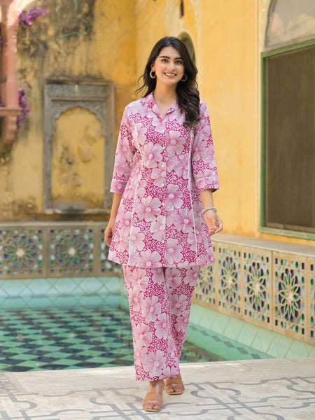 Pink Floral Printed Cotton Blend Co-Ord Set