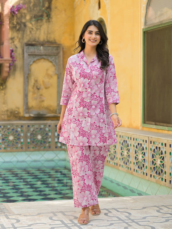 Pink Floral Printed Cotton Blend Co-Ord Set