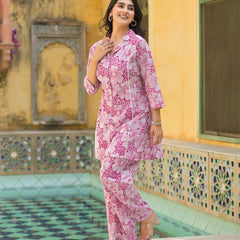 Pink Floral Printed Cotton Blend Co-Ord Set