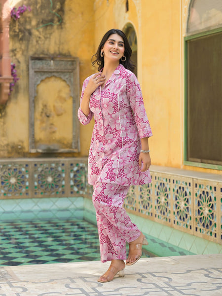 Pink Floral Printed Cotton Blend Co-Ord Set