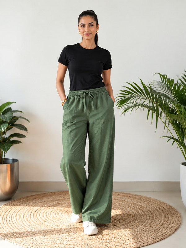 Solid Cotton Blend Relaxed Wide-Leg Palazzo Pants