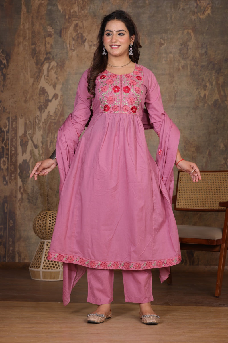 Move Pink  Blossom Embroidery Suit Set