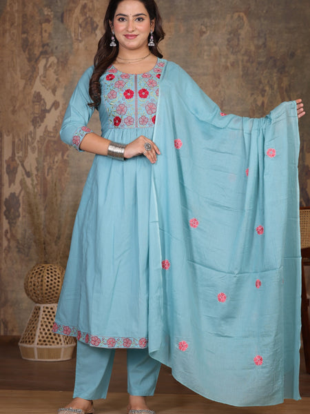 Lite Blue Blossom Embroidery Suit Set