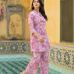 Pink Floral Printed Cotton Blend Co-Ord Set