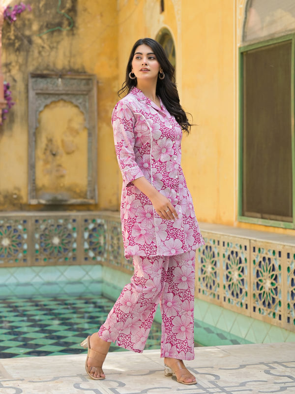 Pink Floral Printed Cotton Blend Co-Ord Set