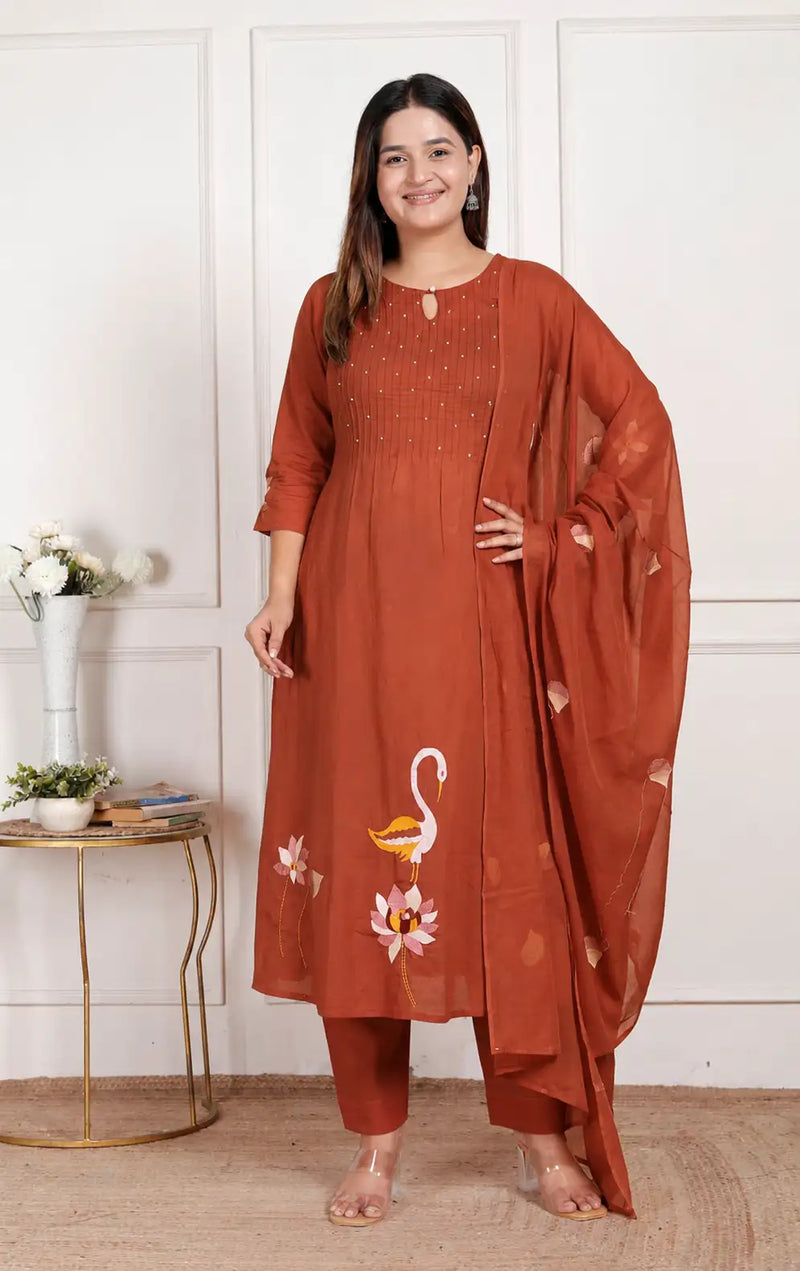 Rust Swan Embroiderd Suit Set