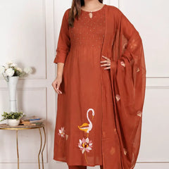 Rust Swan Embroiderd Suit Set