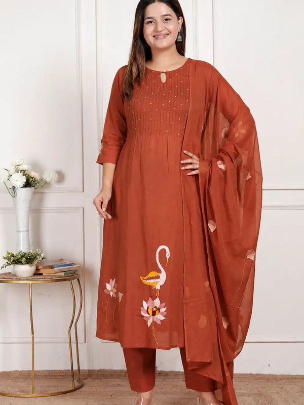 Rust Swan Embroiderd Suit Set