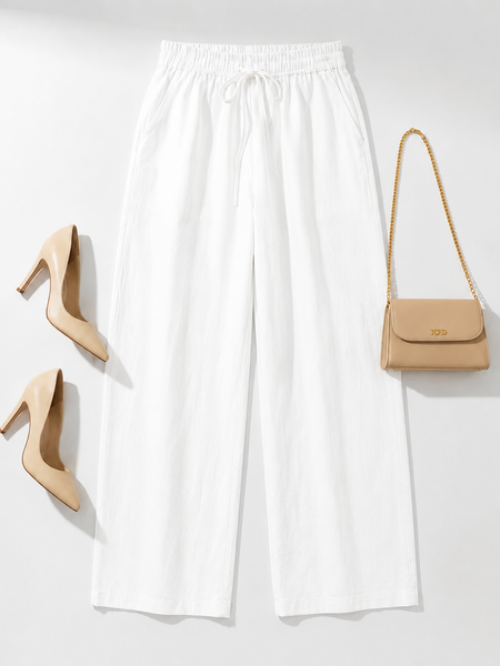 Women's White Cotton Blend Wide Leg Palazzo Pants for Women