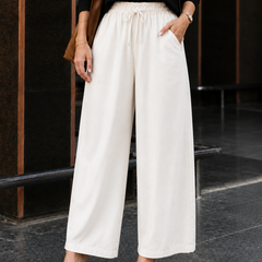 Women's Beige Cotton Blend Wide Leg Palazzo Pants for Women