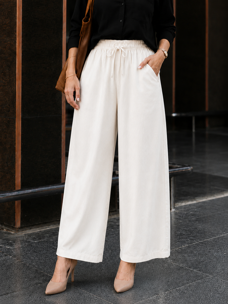 Women's White Cotton Blend Wide Leg Palazzo Pants for Women