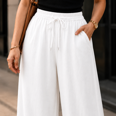 Women's Beige Cotton Blend Wide Leg Palazzo Pants for Women