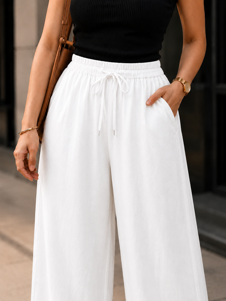 Women's White Cotton Blend Wide Leg Palazzo Pants for Women