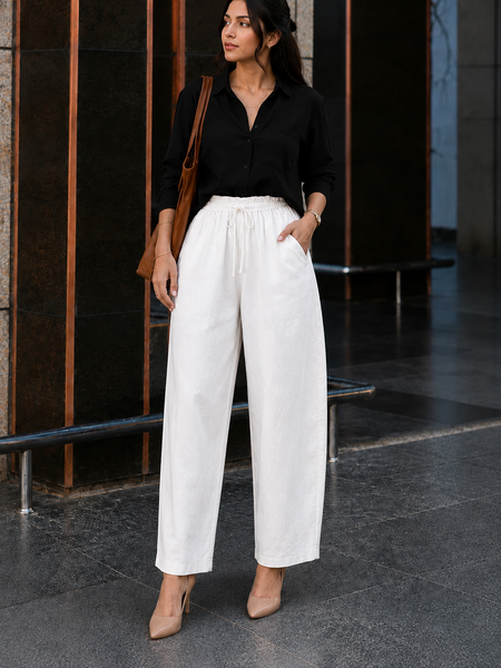 Women's Beige Cotton Blend Wide Leg Palazzo Pants for Women